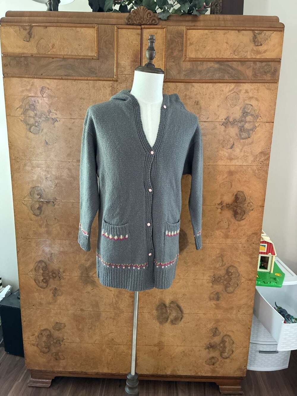 Knit Hooded Cardigan Sweater Gray Pink